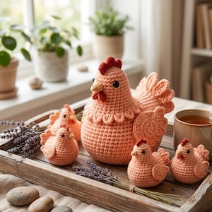 Puede incluir: Una colección de gallinas de ganchillo de varios tamaños, exhibidas en una bandeja de madera. La gallina más grande es de color melocotón con cresta y barbilla rojas, rodeada de pollitos más pequeños. Una taza de té y ramitas de lavanda completan la escena.