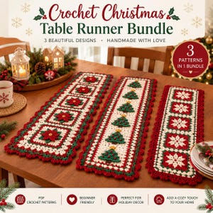 Puede incluir: Tres caminos de mesa rectangulares de ganchillo con motivos navideños en hilo rojo, verde y crema. Un camino muestra flores de pascua rojas, otro árboles de Navidad verdes y el tercero patrones de copos de nieve blancos con bordes festoneados.