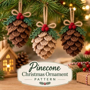 May include: Three crocheted pinecone ornaments hanging from jute twine loops. Each pinecone features brown or beige yarn scales, green crocheted pine needles, and three small red berries topped with a small jute bow. A label reads Pinecone Christmas Ornament PATTERN.