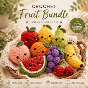 May include: A crochet fruit bundle featuring a red apple, yellow lemon, green pear, pink peach, orange, purple grapes, yellow banana, watermelon slice, and two red cherries, all with black eyes and smiles, arranged in a woven basket.