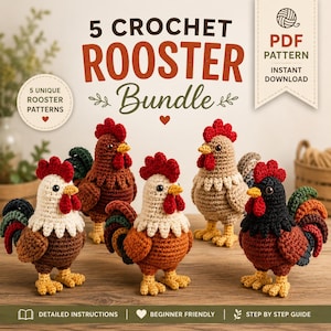 5 virkade tuppmönster, amigurumi, gårdsdjur, söta kycklingplyschleksaker, lantlig inredning, PDF digital nedladdning