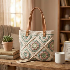 Puede incluir: Bolso tote de crochet color crema con un patrón floral en tonos verdes y rosas. Tiene asas de cuero marrón y una etiqueta "HANDMADE". El bolso está sobre una mesa de madera, junto a una pequeña suculenta en maceta.