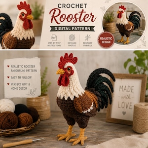Può includere: Un gallo amigurumi all'uncinetto con cresta e bargigli rossi, collo bianco, corpo marrone e piume della coda nere. L'immagine include il testo: CROCHET Rooster DIGITAL PATTERN, REALISTIC DESIGN, STEP-BY-STEP INSTRUCTIONS, DETAILED PHOTOS, BEGINNER FRIENDLY.