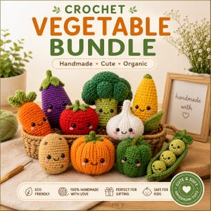May include: A collection of crocheted vegetable toys in a woven basket, including a carrot, eggplant, tomato, broccoli, corn, garlic, potato, pumpkin, pepper, and peas in a pod. Each vegetable features a smiling face with pink cheeks.