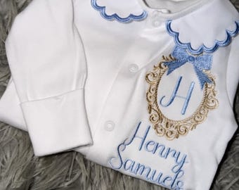 Personalised Embroidered Baby Sleepsuit | Scalloped Collar Babygrow | Monogram Baby Outfit | New Baby Gift | Coming Home Outfit
