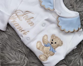 Personalized Baby Boy Outfit, Teddy Bear Sleepsuit, Blue Collar Baby Grow, Newborn Gift