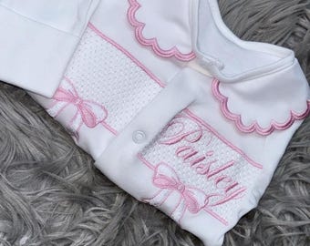 Personalised Pink Bow Smock Baby Sleepsuit