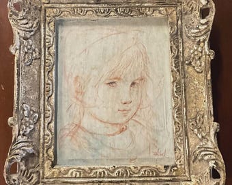 Original Edna Hibel Mixed Media Oil Painting, Signed Child Portrait "Dutch Girl", Vintage Ornate Gilt Frame Impressionist Fine Art