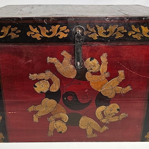 Rare 19th Century Antique Chinese Painted Trunk - Original 1880s Floral Paper Lining - Cinnabar Red Chinoiserie Dowry Chest Box 18" W
