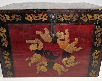 Rare 19th Century Antique Chinese Painted Trunk - Original 1880s Floral Paper Lining - Cinnabar Red Chinoiserie Dowry Chest Box 18" W