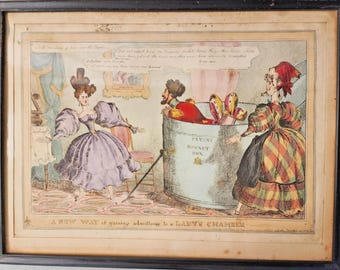 Original William Heath Hand Colored Etching A New Way of Gaining Admittance Paul Pry Signed 1827 Georgian Satire Antique British Print