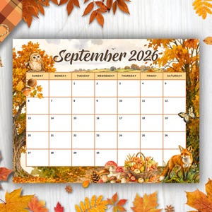 May include: A September 2026 calendar page featuring an autumn forest theme with an owl, a fox, mushrooms, and a basket of pumpkins. The grid displays days of the week and dates in a brown font against a white background with orange fall leaves.