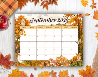 September 2026 Calendar Printable, Cottagecore Watercolor September Monthly Planner, Editable September Calendar, Sunday & Monday Start, PDF