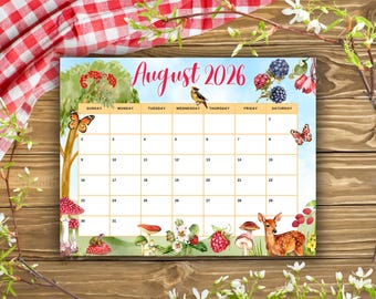 August 2026 Calendar Printable, Cottagecore Woodland Watercolor August Monthly Planner, Editable August Calendar, Sunday & Monday Start, PDF