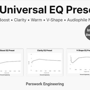 May include: A digital graphic advertising "10 Universal EQ Presets" with options including "Bass Boost" and "Clarity." Three graphs are displayed, labelled "Bass Boost EQ Preset," "Clarity EQ Preset," and "V-Shape EQ Preset." An "Instant Download" button is also present.