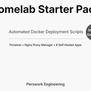 Könnte beinhalten: Grafik mit der Aufschrift "Homelab Starter Pack" und "Automated Docker Deployment Scripts". Enthält ein "Instant Download"-Abzeichen und listet Portainer, Nginx Proxy Manager und 8 Self-Hosted Apps auf. Das Perswork Engineering-Logo befindet sich unten.