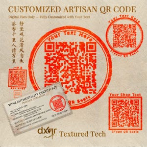 May include: A digital graphic featuring customized artisan QR codes in red ink on a textured beige background. The design includes a large circular QR code, a smaller circular QR code, a square QR code, and a rectangular wine authenticity certificate.