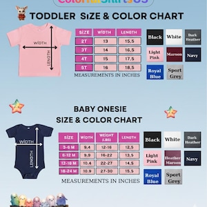Pu&ograve; includere: Una tabella delle taglie e dei colori per magliette per bambini piccoli e body per neonati. La tabella include le misure in pollici per le magliette per bambini piccoli e i body per neonati. Le opzioni di colore includono nero, bianco, rosa chiaro, bordeaux, blu navy, blu reale e grigio sport.