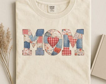 Comfort Colors® Patchwork Mom Shirt, Mama Gift Tee, Quilted Motherhood Tshirt, Coquette Floral Denim Heart Shirt, Cottagecore Mama Tee