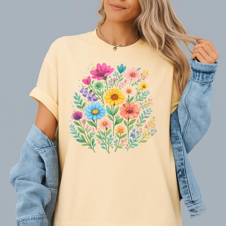 May include: A light yellow t-shirt featuring a vibrant floral design. The design includes a variety of colorful flowers, such as pink, yellow, blue, and orange, arranged in a circular pattern. The shirt has short sleeves and a relaxed fit.