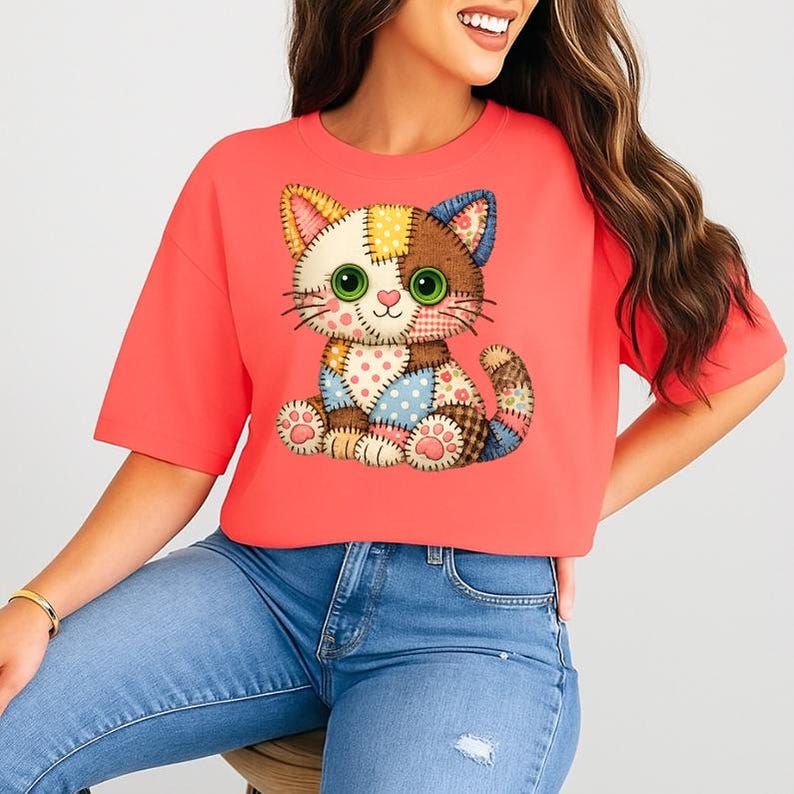 May include: Coral-colored t-shirt featuring a patchwork cat design. The cat has green eyes, a white face, and a mix of patterned patches in various colors. The shirt has short sleeves and a relaxed fit, suitable for casual wear.