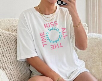 Kiss All The Time Disco Occasionly Shirt, Retro Pink Graphic Tee, Funny Party Gift Tshirt, Trendy Quote Disco Shirt, Cute Disco Tee