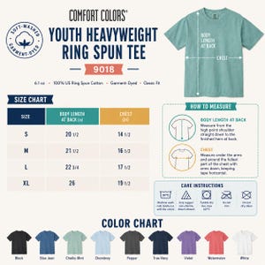 May include: Comfort Colors Youth Heavyweight Ring Spun Tee 9018 size chart and color guide. Features a soft-washed, garment-dyed t-shirt in chalky mint, with detailed measurement instructions in inches for sizes S, M, L, and XL, plus care icons.