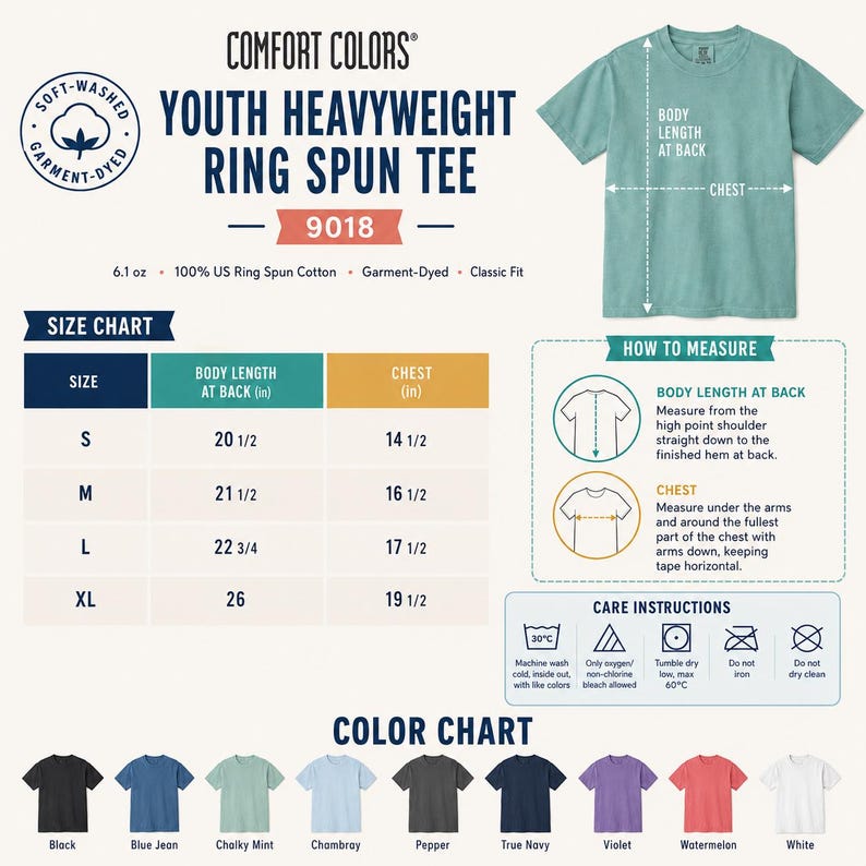 May include: Comfort Colors Youth Heavyweight Ring Spun Tee 9018 size chart and color guide. Features a soft-washed, garment-dyed t-shirt in chalky mint, with detailed measurement instructions in inches for sizes S, M, L, and XL, plus care icons.