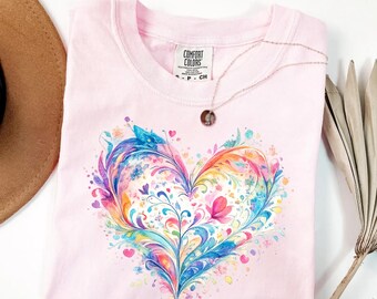 Watercolor Heart Shirt, Boho Love Tee, Pastel Valentine Tshirt, Artistic Romance Shirt, Cute Gift Tee, Dreamy Floral Heart Tshirt