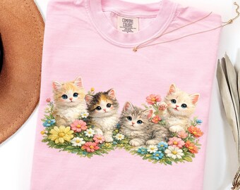 Cute Kitten Shirt, Cat Lover Tee, Kitten Gift Tee, Floral Cat Tee, Kawaii Kitten Shirt, Pet Owner Cat Tee, Spring Cat Tee, Cat Mom Gift Tee