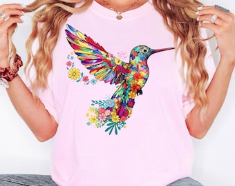 Colorful Hummingbird Shirt, Floral Bird Tee, Watercolor Animal Tshirt, Nature Lover Gift Shirt, Boho Garden Tee, Botanical Art Shirt
