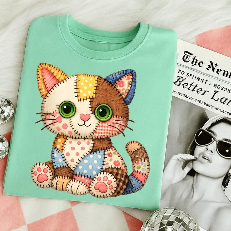 May include: A light green crew neck t-shirt featuring a patchwork cat design. The cat has a white face, brown and blue ears, and colorful patches. The cat has large green eyes and pink paws. The shirt is made of soft material.