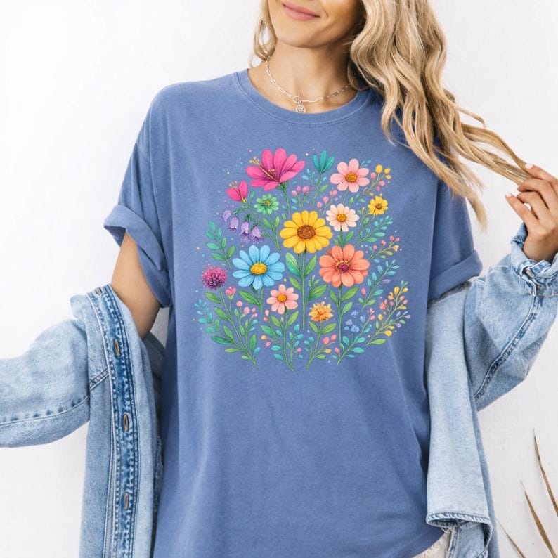 May include: A blue t-shirt featuring a vibrant floral design. The graphic showcases a bouquet of colorful flowers, including pink, yellow, and blue blooms, surrounded by green leaves. The shirt has rolled-up sleeves.