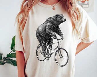 Bear Riding Bicycle Shirt, Vintage Bear Tee, Woodland Animal Tshirt, Funny Cyclist Shirt, Outdoor Adventure Funny Tee
