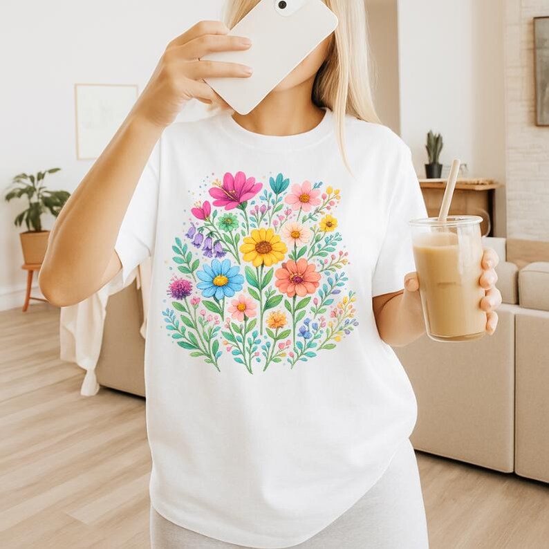 May include: White t-shirt featuring a vibrant floral design. The graphic showcases a bouquet of colorful flowers, including pink, yellow, blue, and orange blooms, surrounded by green leaves. The shirt is a casual, everyday wear item.