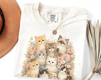 Retro Kitten Shirt Vintage Floral Cat Tee Cottagecore Cute Kitten Lover Gift Pastel Flower Cat Mom Aesthetic Animal Graphic Comfort Colors