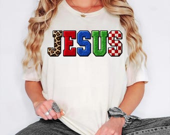 Jesus Shirt, Christian Gift Tee, Faith Based Shirt, Religious Tee, Leopard Jesus Tshirt, Varsity Patch Shirt, Cute Gift Tee, Worship Shirt