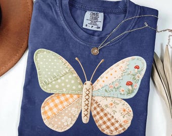 Butterfly Patchwork Shirt, Cottagecore Butterfly Tee, Floral Gingham Tshirt, Vintage Spring Gift Shirt, Boho Nature Tee, Pastel Wings Tshirt