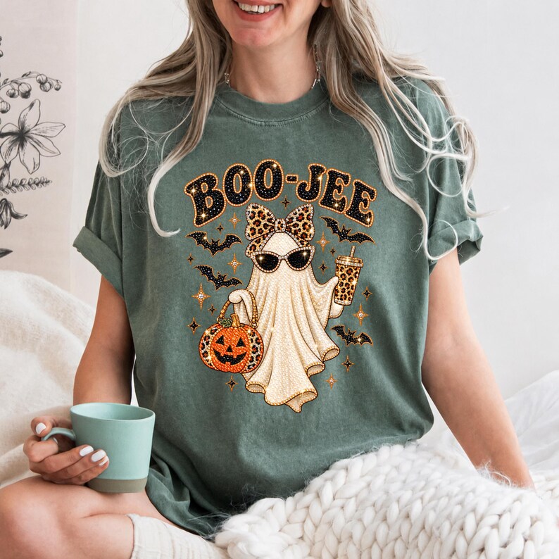 May include: A sage green t-shirt featuring a graphic of a ghost wearing a leopard print bow and sunglasses. The ghost holds a jack-o'-lantern and a leopard print cup, surrounded by bats and stars. The text BOO-JEE is printed above the ghost.