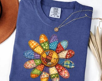 Comfort Colors® Patchwork Flower Cottagecore Aesthetic Shirt, Retro Quilted Daisy Folk Art Tshirt, Handmade Floral Boho Gift, PRINT ONLY
