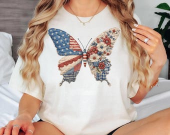 Patriotic Butterfly Shirt, America Flag Tee, USA Floral Tshirt, Freedom Gift Shirt, Fourth July Tee, Quilt Art Shirt, Vintage Americana Tee