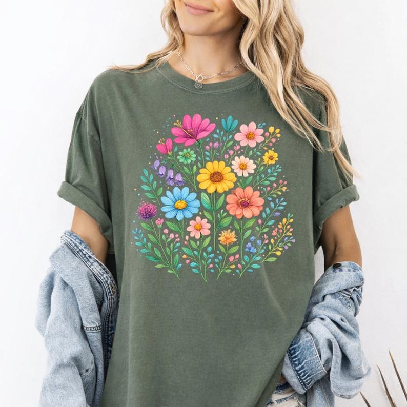 May include: Olive green t-shirt featuring a vibrant floral design. The graphic showcases a bouquet of colorful flowers, including pink, yellow, blue, and orange blooms, surrounded by green leaves. The shirt has rolled-up sleeves and a relaxed fit.
