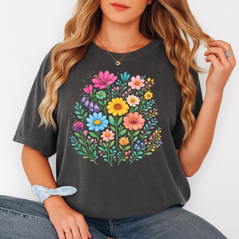 May include: Dark gray t-shirt featuring a vibrant floral design. The graphic showcases a bouquet of colorful flowers, including pink, yellow, blue, and orange blooms, surrounded by green leaves. The shirt has a relaxed fit and short sleeves.