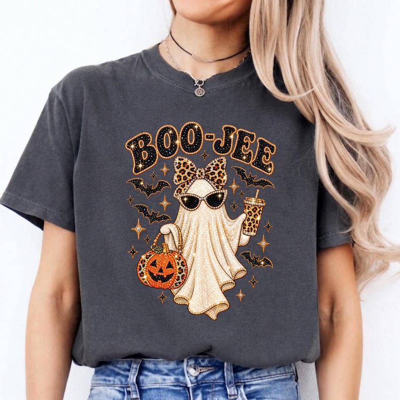 May include: A charcoal gray t-shirt featuring a graphic of a ghost wearing a leopard print bow and sunglasses, holding a pumpkin bucket and a drink. The text BOO-JEE is printed above the ghost, surrounded by small bats and sparkling star accents.