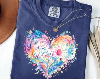 Comfort Colors Watercolor Heart Shirt Mothers Day Gift Colorful Love Art Romantic Cute Trendy Soft Vintage Floral Pastel Tee Women Mom Gift