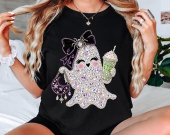 Rhinestone Glam Ghost Halloween Shirt, Sparkly Girly Spooky Season Comfort Colors Shirt, Cute Halloween Shirt Women, PRINT ONLY
