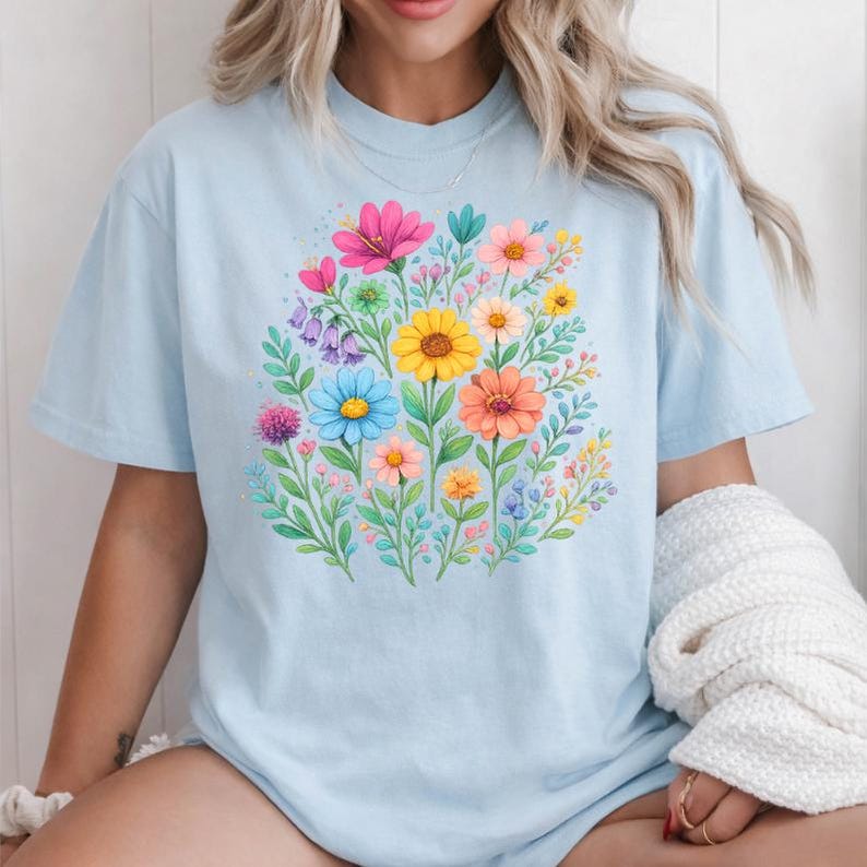 May include: Light blue t-shirt featuring a vibrant floral design. The graphic showcases a bouquet of colorful flowers, including pink, yellow, orange, and blue blooms, surrounded by green leaves. The shirt is a soft, casual style.