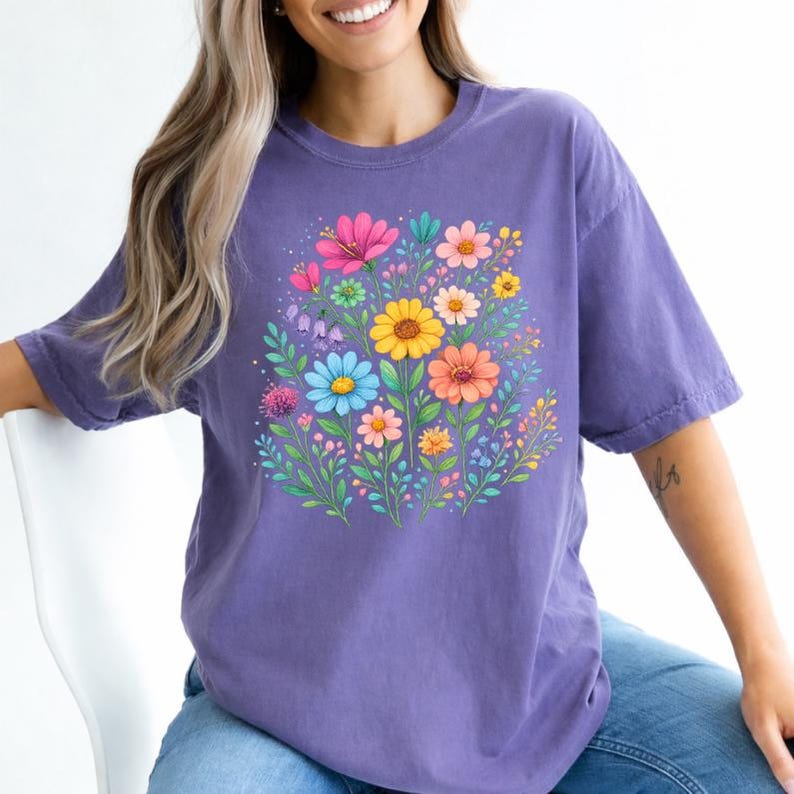 May include: Purple t-shirt featuring a vibrant floral design. The graphic showcases a bouquet of colorful flowers, including pink, yellow, blue, and orange blooms, surrounded by green leaves. The shirt has a relaxed fit and short sleeves.