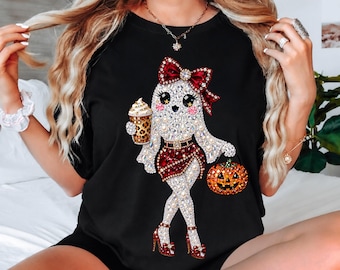 Rhinestone Glam Ghost Halloween Shirt, Sparkly Girly Spooky Season Comfort Colors Shirt, Cute Halloween Shirt Women, PRINT ONLY