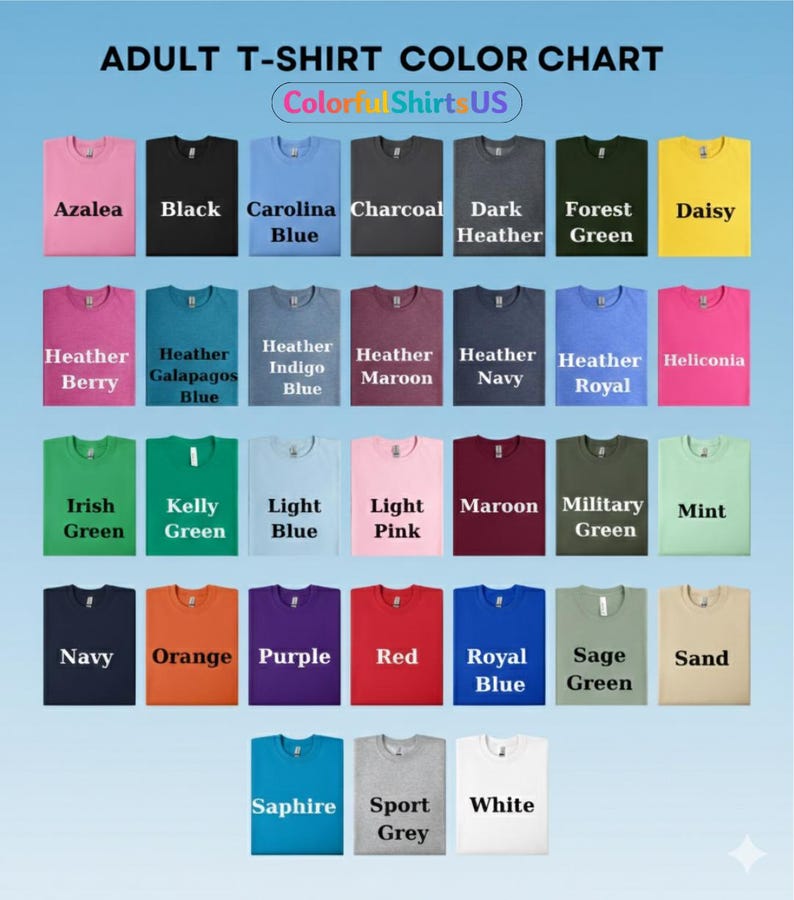 Pu&ograve; includere: Tabella colori di t-shirt per adulti con una variet&agrave; di colori, tra cui Azalea, Nero, Blu Carolina, Carbone, Grigio scuro, Verde foresta, Giallo, Heather Berry, Heather Galapagos Blue, Heather Indigo Blue, Heather Maroon, Heather Navy, Heather Royal, Heliconia, Verde irlandese, Verde Kelly, Azzurro, Rosa chiaro, Marrone, Verde militare, Menta, Blu navy, Arancione, Viola, Rosso, Blu reale, Verde salvia, Sabbia, Zaffiro, Grigio sportivo e Bianco.
